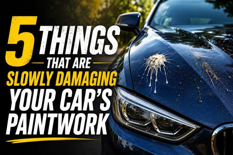 A close-up of a navy blue car with bird droppings on the bonnet. Large text, 